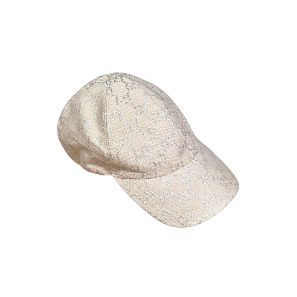 Gucci Canvas GG Monogram Ivory Cream Rush Baseball Hat Gardenia Metallic Silver